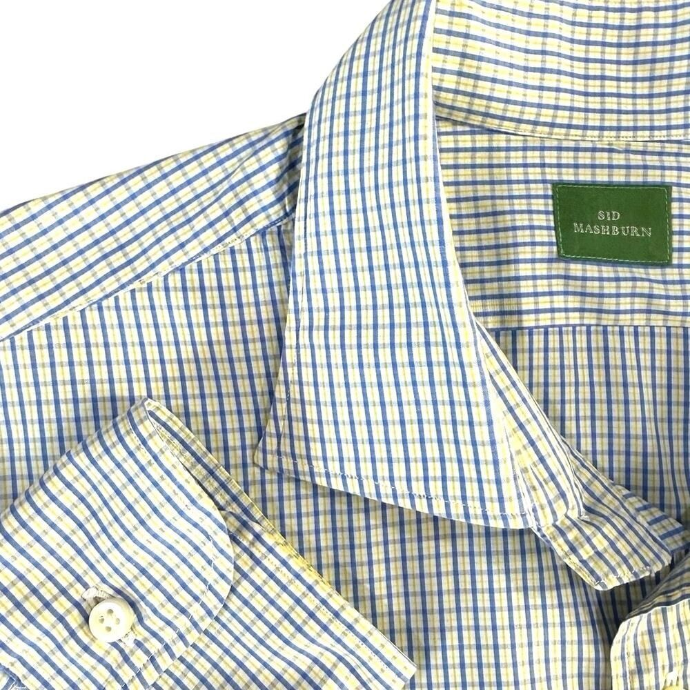 Sid Mashburn Dress Shirt Large Blue Yellow Plaid Check With Spread Collar Stays